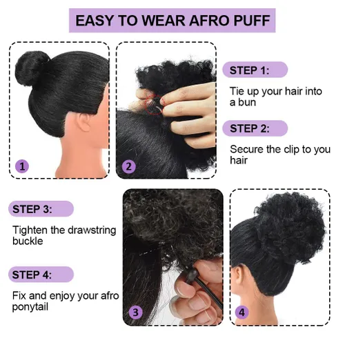 Miniatura 5 de YEAME Cola de Caballo Afro Puff con Cordón para Mujeres Negras, Cola de Caballo Afro Corta Rizada Crespa Sintética Hair Puffs, Moño Afro Negro Negro
