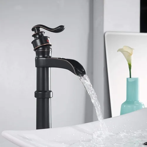 Miniatura 4 de Bathfiness - Grifos de baño de bronce aceitado cascada para fregadero de baño, 1 agujero, mango único con líneas de suministro de tapón de drenaje