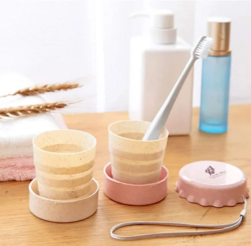 Miniatura 8 de Taza de camping plegable con tapa, plegable telescópica de trigo con paja, taza de agua plegable sin BPA para viajes al aire libre, color beige