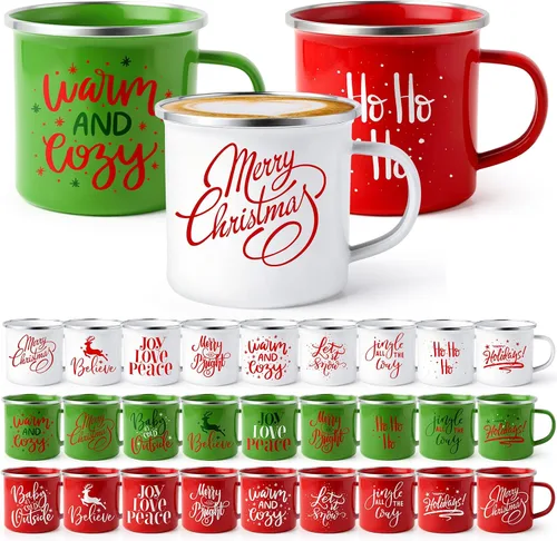 Miniatura 8 de Uiifan 10 Piezas Tazas de Esmalte de Navidad a Granel Lindas de 12 oz Acero Galvanizado Festivas Divertidas Novedosas Taza de Café Feliz Navidad