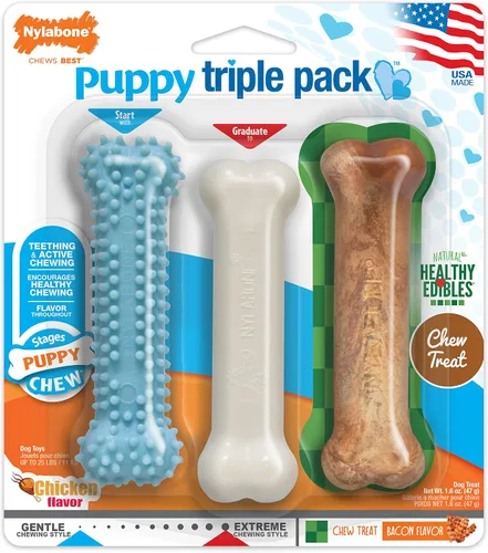 Miniatura 10 de Nylabone Nuevo Kit de iniciación para cachorros, juguetes masticables y golosinas naturales para masticar para cachorros, juguetes para la dentición