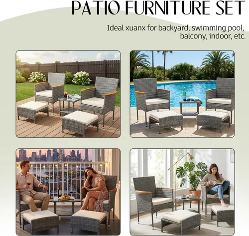 Miniatura 7 de Juego de 5 muebles de patio al aire libre con mesa y otomana para exteriores, juego de patio de mimbre bistró
