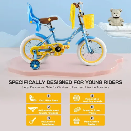 Miniatura 2 de RULLY Bicicleta para niñas de 12, 14, 16 pulgadas, con cesta de asiento de muñeca y ruedas de entrenamiento para niños de 2 a 6 años Azul