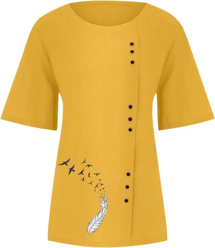 Miniatura 4 de Ceboyel Lindas camisetas de lino con estampado de plumas para mujer, camisas de verano de manga corta, ajuste holgado, blusas bohemias, ropa de moda
