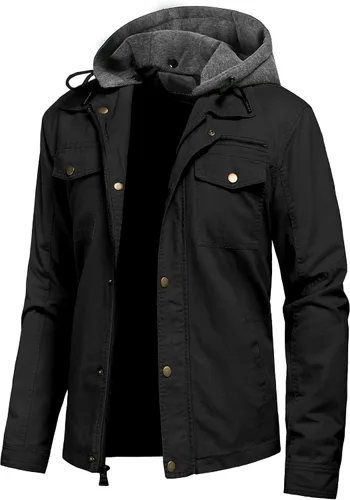Pursky Chaqueta de lona de algodón militar casual para hombre con capucha desmontable