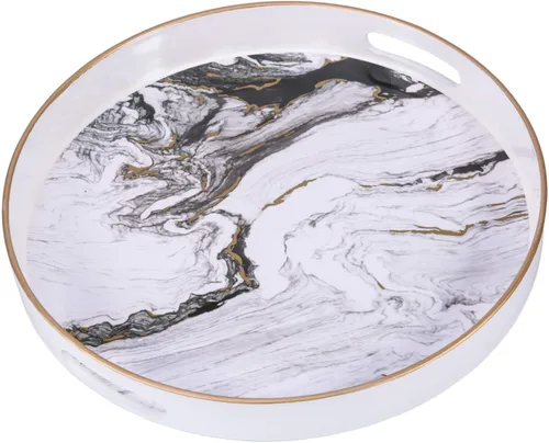 Miniatura 13 de Bandeja decorativa redonda, plástico mármol con asas, tocador moderno y para servir otomana, mesa auxiliar, cocina y baño, tamaño 13 pulgadas, negro