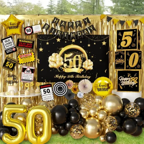 Miniatura 6 de Decoraciones de fiesta de cumpleaños 50 a 50 años, suministros de fiesta para hombres con kit de guirnalda de globos, telón de fondo de cumpleaños