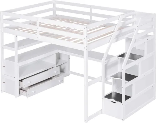 Miniatura 9 de Quarte Cama alta multifuncional, cama alta tamaño matrimonial con escritorio integrado y estantes de almacenamiento, dos cajones y escalera