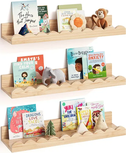 Miniatura 11 de G&W Gruwald Juego de 3 estantes para libros de guardería, decoración de guardería para bebés y niños pequeños, estantes festoneados, estante
