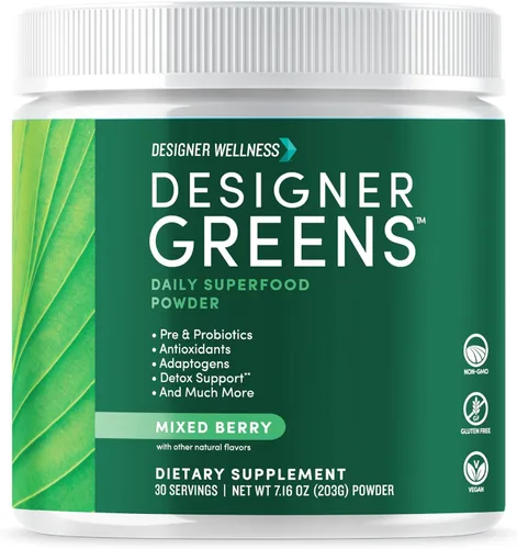 Designer Wellness, Designer Greens Superfood en polvo con prebióticos, probióticos, antioxidantes y soporte para la desintoxicación, 30 porciones