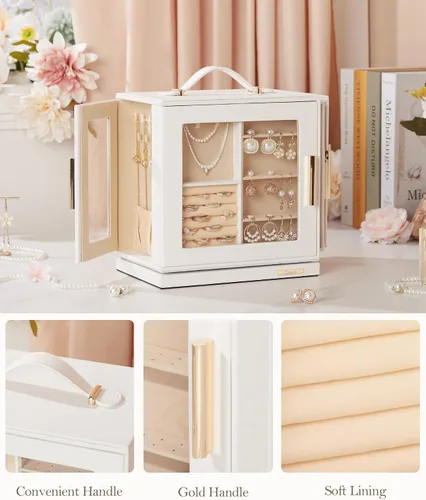 Miniatura 5 de Homde Joyero de regalo de Navidad con rotación de 360, organizador de aretes y collar con ventana transparente, espejo, 7 cajones, estuche
