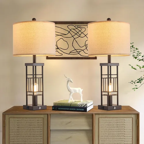 Miniatura 6 de Reaketon Juego de 2 lámparas de mesa para sala de estar con puertos de carga USB, lámparas de estilo granja regulables de 3 vías de 70 cm