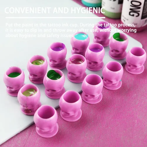 Miniatura 4 de 200 tapas de tinta desechables para tatuaje, vasos de tinta de tatuaje de calavera de plástico con base, vasos de tinta de pigmento de maquillaje
