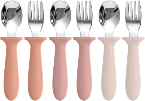 Miniatura 9 de Eascrozn - Juego de utencilios para niños pequeños, paquete de 6, cubiertos para niños con mango de silicona, tenedores y cucharas de acero