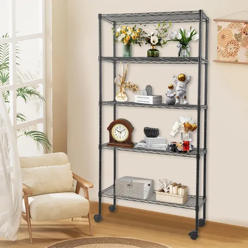 Miniatura 2 de FDW Estante de metal ajustable de 5 niveles con ruedas, capacidad de 250 libras, fácil montaje, ideal para espacios pequeños Negro