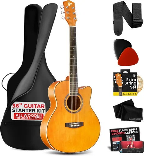 Miniatura 9 de Pyle Kit de guitarra acústica, 3/4 tamaño junior, instrumento de cuerdas de acero totalmente de madera para niños principiantes, adultos, 36 Gris