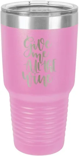 Miniatura 19 de Taza de viaje de acero con recubrimiento de polvo grabado con láser, con grabado «GIVE ME ALL THE WINE» y grabado en polvo de 30 oz, libre de BPA