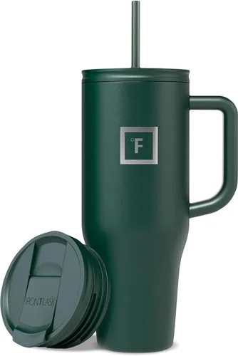 IRON °FLASK Co-Pilot - Vaso aislante de 40 onzas con pajita y tapas abatibles - Botella con portavasos para bebidas frías o calientes - A prueba de