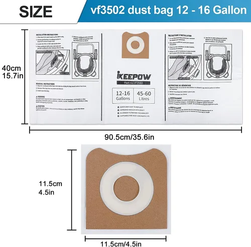 Miniatura 5 de Paquete de 12 bolsas para aspiradora VF3502, compatibles con Ridgid & Craftsman Vacuum de 12 a 16 galones, bolsas de repuesto para aspiradoras
