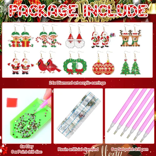 Miniatura 7 de Siifert 24 pares de aretes de pintura de diamante de Navidad, kit de fabricación de aretes DIY, aretes de arte de diamante, kit de joyería
