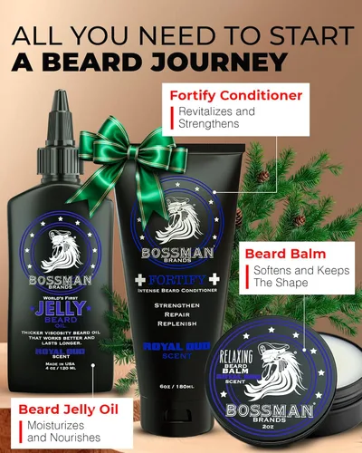 Miniatura 2 de Bossman Kit esencial de barba para hombres, regalos para papá para el día del padre, juego de 3 – gelatina de aceite para barba, crema