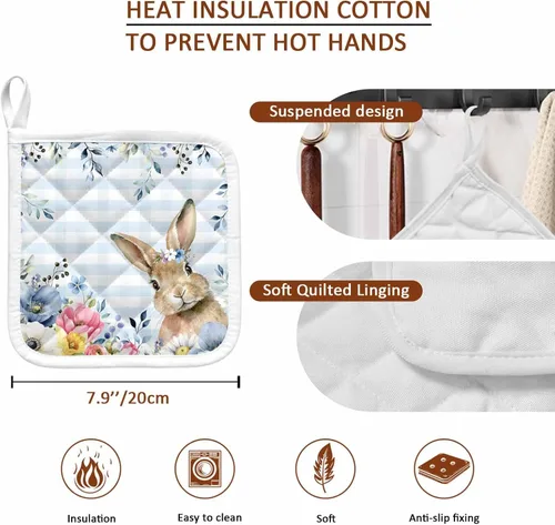 Miniatura 9 de 3 Packs Blue Easter Plaid Pot Holders Sets for Kitchen,Oven Pan Plate Bowl Pads Heat Proof Mat with Hanging Loop,Terry Cloth Potholders Soft Grip