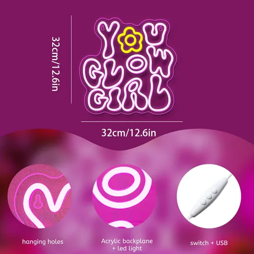 Miniatura 3 de WLHOPE Letrero de neón con luces LED de color rosa para decoración de pared con texto en inglés "You Glow Girl", letreros de luz de neón para B-You