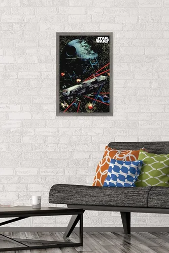 Miniatura 2 de Trends International Star Wars: Saga - Póster de pared de batalla espacial, 14.725 x 22.375 pulgadas, versión enmarcada de madera de granero