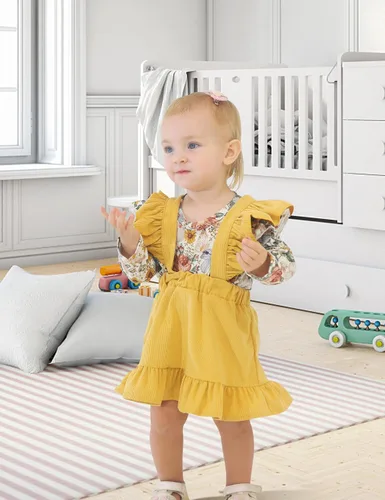 Miniatura 2 de ATEUNO Newborn Baby Girl Clothes Long Sleeve Floral Romper Tops Ruffle Suspender Skirt Set Infant Overall Dress Fall Outfits