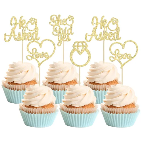 Miniatura 13 de Gyufise Paquete de 24 adornos para cupcakes con purpurina negra con la frase "He Asked She Said Yes" para cupcakes, anillos de corazón con purpurina