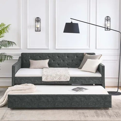 Miniatura 4 de Antetek Sofá cama con cama nido, tapizado en tela, tamaño twin, sofá cama diurno con punto de tracción, marco de sofá cama con cama nido twin