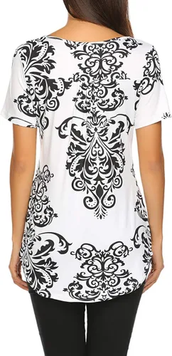Miniatura 5 de Blusón plisado de manga corta con estampado floral y cuello Henley en V para mujer, con vuelo.