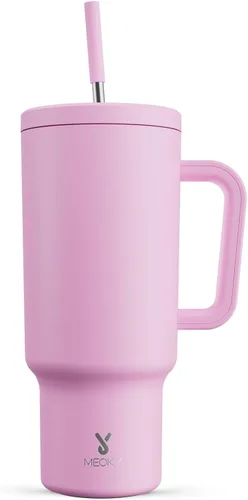 Miniatura 13 de Meoky Vaso de 40 onzas que brilla en la oscuridad con asa y popote, vaso con tapa y pajita, vaso aislado de acero inoxidable para viaje, 100% a