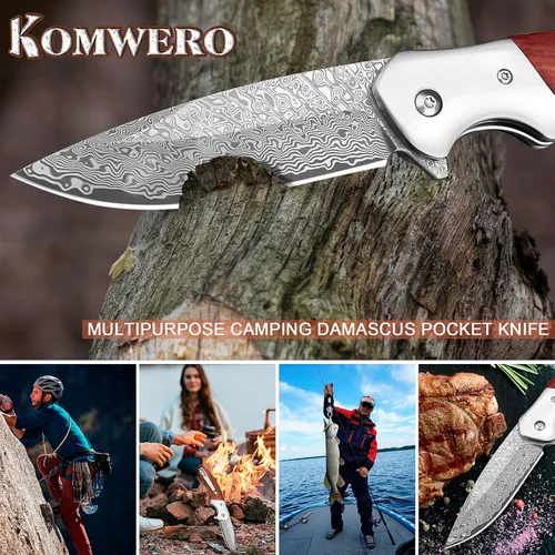 Miniatura 6 de KOMWERO Cuchillo de bolsillo de Damasco, cuchillo afilado de acero de damasco con núcleo VG10 de hoja de acero mango de madera, cuchillo plegable