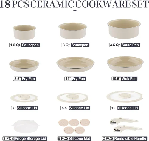 Miniatura 2 de Juego de utensilios de cocina de cerámica – Juegos de utensilios de cocina con mango desmontable ollas y sartenes con asas extraíbles, sartenes