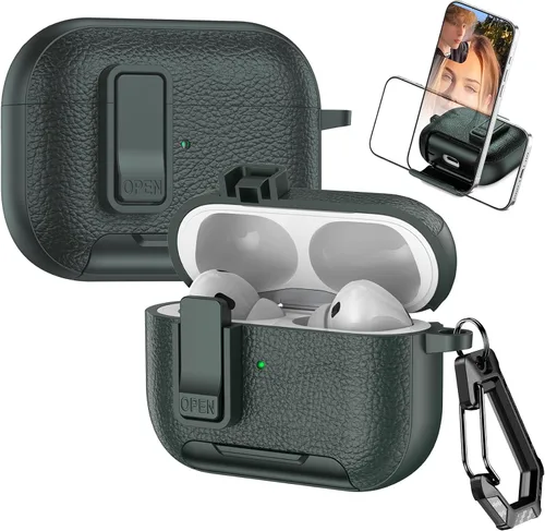 Miniatura 16 de Funda de cuero con clip de bloqueo para AirPods Pro 2ª/1ª con mosquetón, soporte de carga inalámbrica con soporte, cubierta de protección resistente