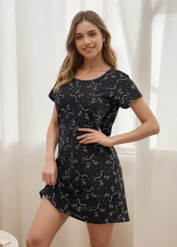 Miniatura 5 de Inadays Camisón de algodón para mujer, ropa de dormir de manga corta, camisón casual con estampado, pijama holgado y cómodo