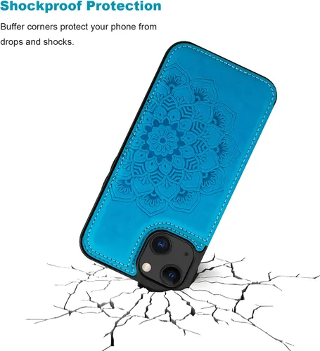 Miniatura 6 de Vaburs Funda compatible con iPhone 13 con tarjetero y diseño de mandala en relieve, de piel sintética, doble botones, a prueba de golpes, para Azul