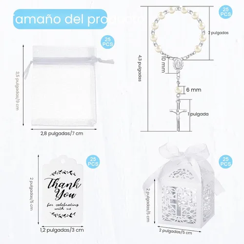 Miniatura 2 de MTLEE El juego de 100 piezas de recuerdos de bautismo incluye mini rosario, cajas de recuerdos de bautismo, bolsas de organza blanca con cordón
