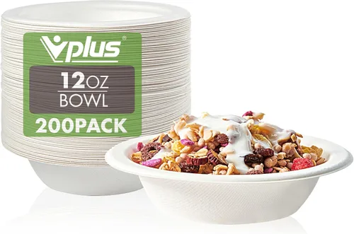 Vplus Paquete de 200 cuencos de papel de 12 onzas, desechables compostables a granel, bagazo ecológico, cuencos resistentes perfectos para cereales
