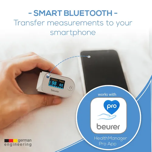 Miniatura 5 de Beurer Oxímetro de pulso digital Bluetooth para la punta del dedo, monitor de saturación de oxígeno en sangre y frecuencia cardíaca con accesorios