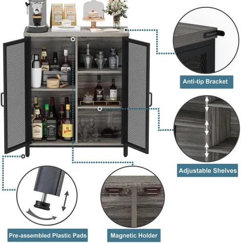 Miniatura 4 de BON AUGURE Gabinete Pequeño de Barra de Café para Licor, Gabinete de Almacenamiento Estilo Granja con Puertas, Aparador Buffet de Madera para Cocina
