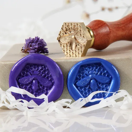 Miniatura 5 de Sello de cera de abeja, sello de abeja en relieve 3D de 0.984 in/0.95 pulgadas, cabeza de sello de latón con mango de madera retro, perfecto sello