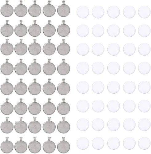 OBSEDE Juego de 80 biseles redondos de acero inoxidable de 0.984 in, incluye 40 bandejas colgantes, 40 bandejas de cabujón de vidrio, para hacer