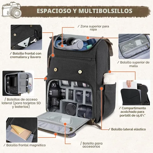 Miniatura 2 de RAINSMORE Bolsa profesional para cámara DSLR/SLR sin espejo, impermeable, 15.6 pulgadas, mochila de fotografía para laptop con acceso lateral, Negro