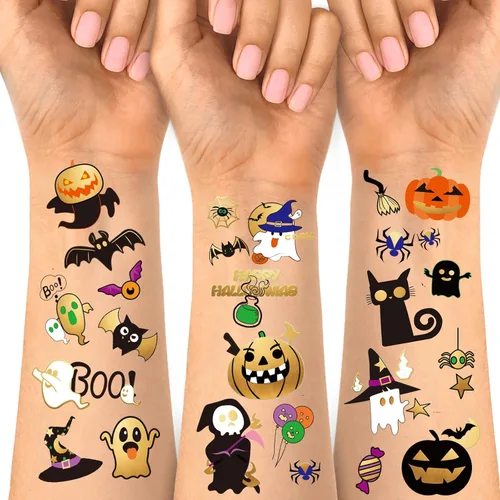 Tatuajes temporales de Halloween para niños, calabaza, fantasma, bruja, regalos de fiesta de Halloween para niños o niñas, 126 piezas de tatuajes