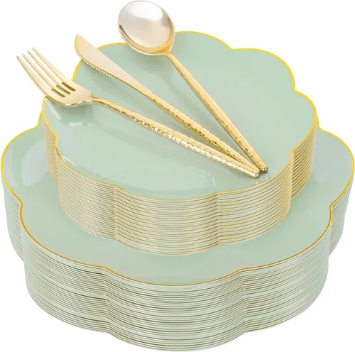 Miniatura 9 de LIYH - 150 platos de plástico transparente y dorado, elegante juego de vajilla desechable de plástico dorado que incluye platos de cena y postre