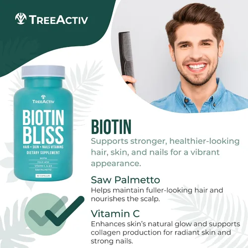 Miniatura 6 de Biotin Bliss Skin Hair Nails Vitaminas + Saw Palmetto Suplemento Volumizador y Espesante Fórmula para Hombres Mujeres Folato MSM B Complejo