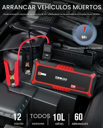 Miniatura 2 de GOOLOO - Arrancador de automóvil de 12 V con corriente máxima de 4000 A, arrancador de litio seguro para motor a gasolina o diésel de hasta 2.6