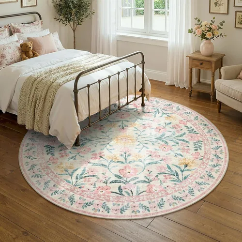 Miniatura 47 de Lahome - Alfombra redonda bóhema de color rosa claro de 4 pies, alfombras pequeñas circulares lavables para dormitorio de niños, alfombra circular